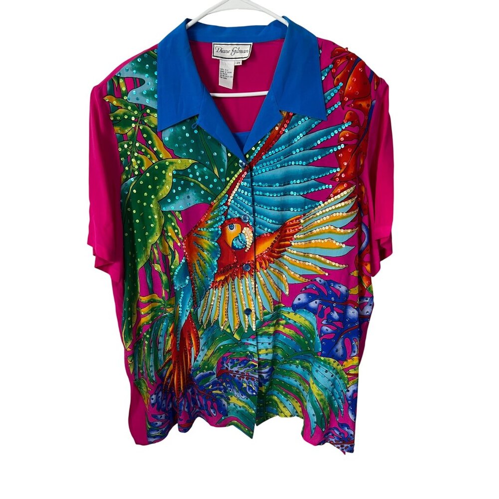 Vintage Diane Gilman 2X Vibrant Parrot & Jungle Sequin Silk Shirt Blouse